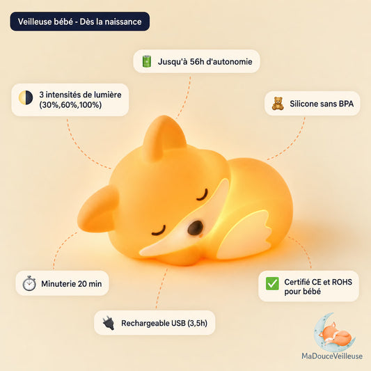 Veilleuse renard bébé silicone sans BPA