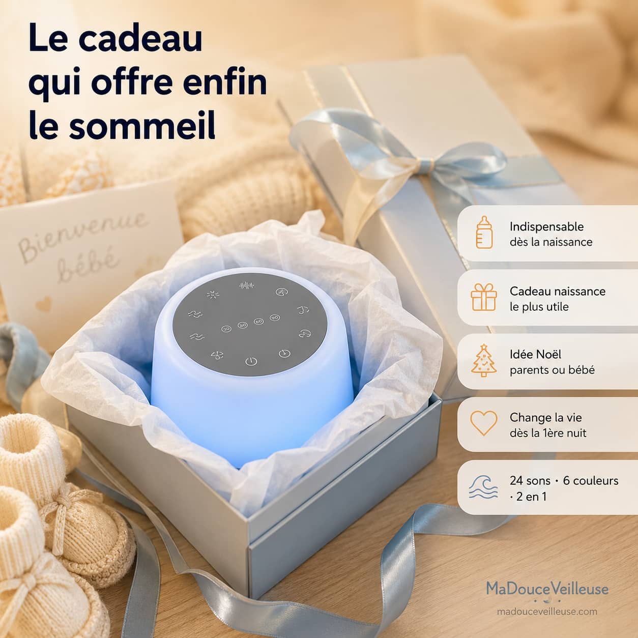 appareil a bruit blanc lampe de chevet veilleuse - 24 sons naturels - 5 niveaux intensite lumineuse