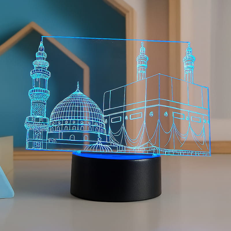veilleuse mosquée 3D LED Kaaba bleue