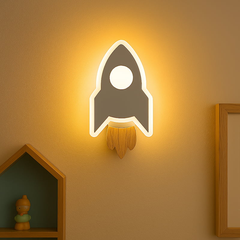 veilleuse murale fusée enfant LED bois bleu