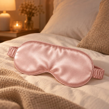 Masque de sommeil en soie porté pour un rituel du soir apaisant