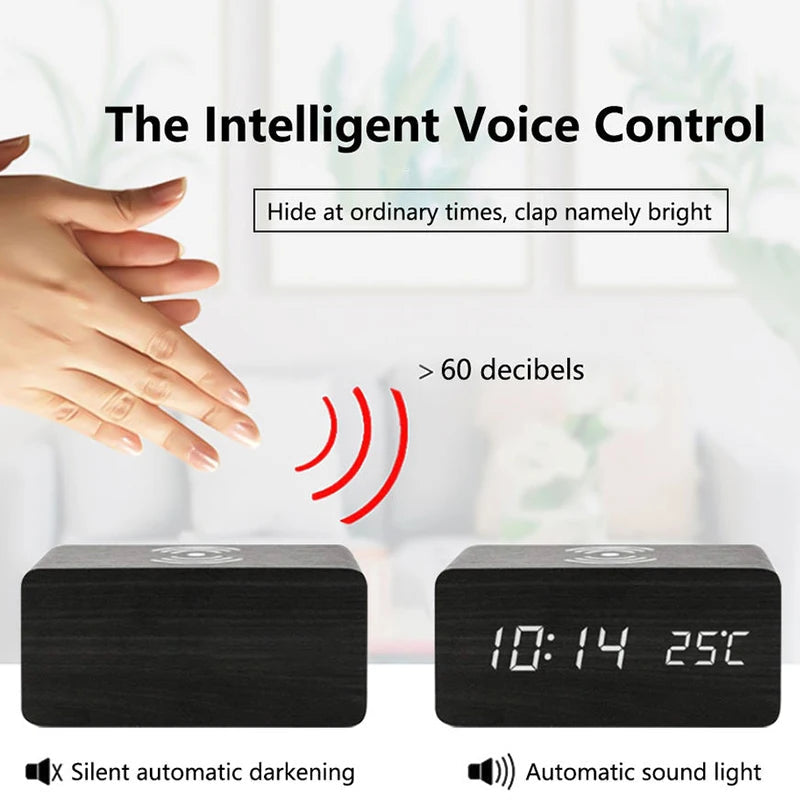 ChargeWoodRise reveil chargeur sans fil pose sur table de nuit MaDouceVeilleuse