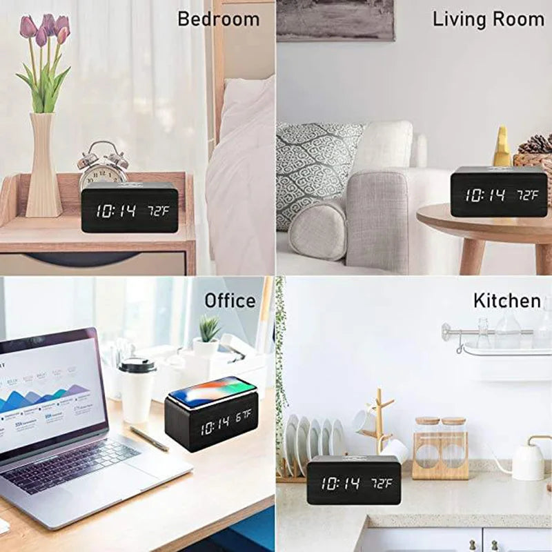 Reveil LED bois smartphone en charge sur la surface MaDouceVeilleuse