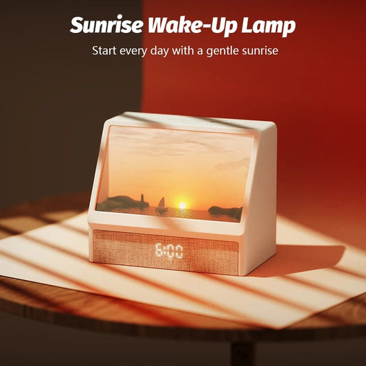 Reveil lumineux simulant l'aube DawnRise pose sur table de nuit MaDouceVeilleuse