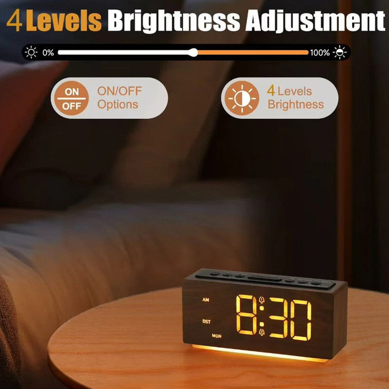 Reveil numerique LED bois WoodGlowRise vue face MaDouceVeilleuse