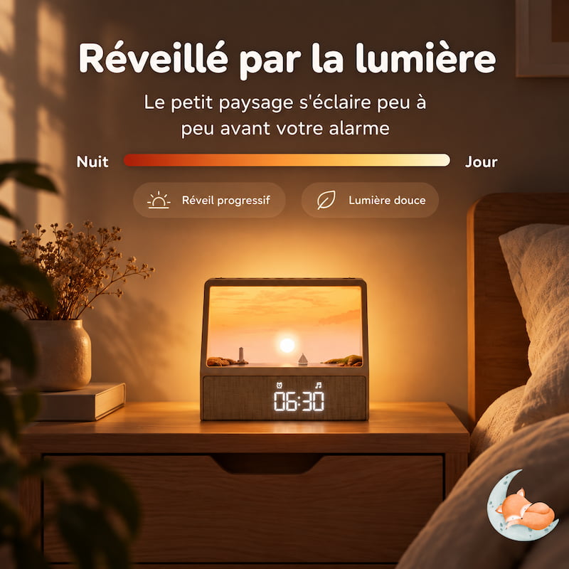 Simulateur d'aube, lampe réveil et sons naturels pour un réveil doux et naturel