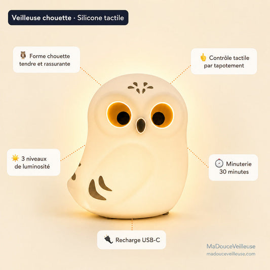 Veilleuse bebe chouette silicone sans BPA rechargeable MaDouceVeilleuse