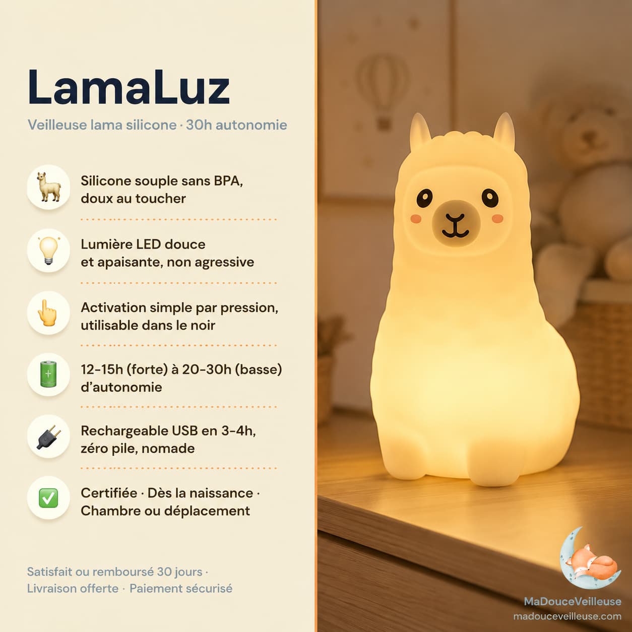 Veilleuse Lama en silicone souple sans BPA