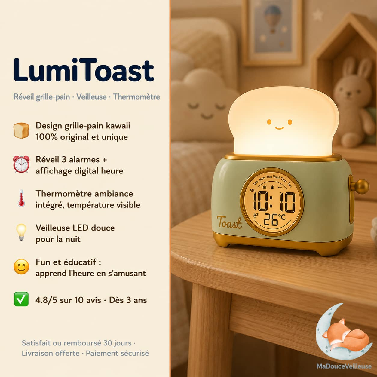 Veilleuse Réveil Enfant Grille-Pain
Réveil Enfant Ludique avec 3 alarmes, dimmable et minuterie