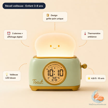 Veilleuse Réveil Enfant Grille-Pain
Réveil Enfant Ludique avec 3 alarmes, dimmable et minuterie