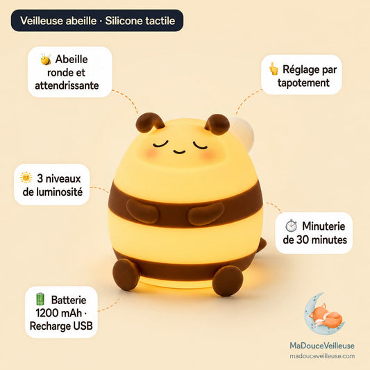 Veilleuse abeille bébé en silicone sans BPA, lumière douce et rechargeable USB