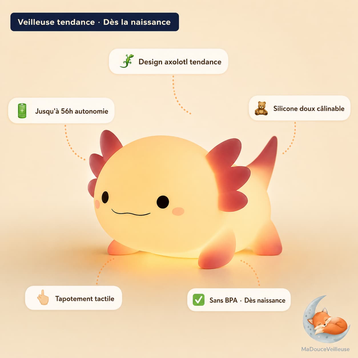 Veilleuse axolotl en silicone souple sans BPA