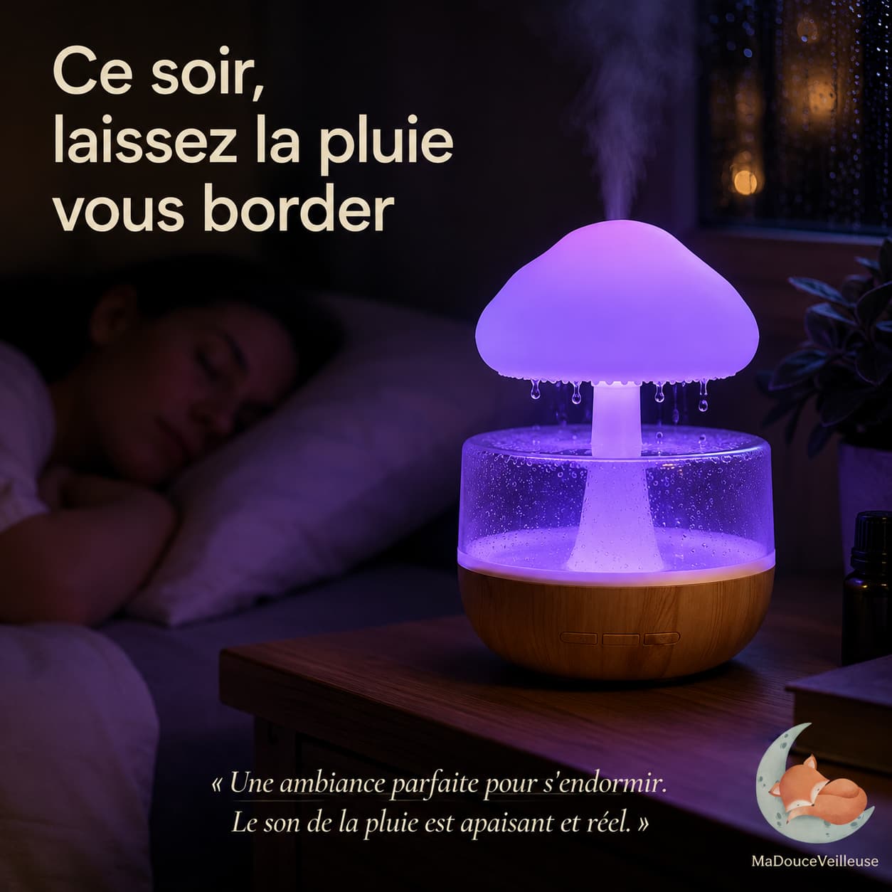 Veilleuse bruit de pluie et diffuseur d'huiles essentielles