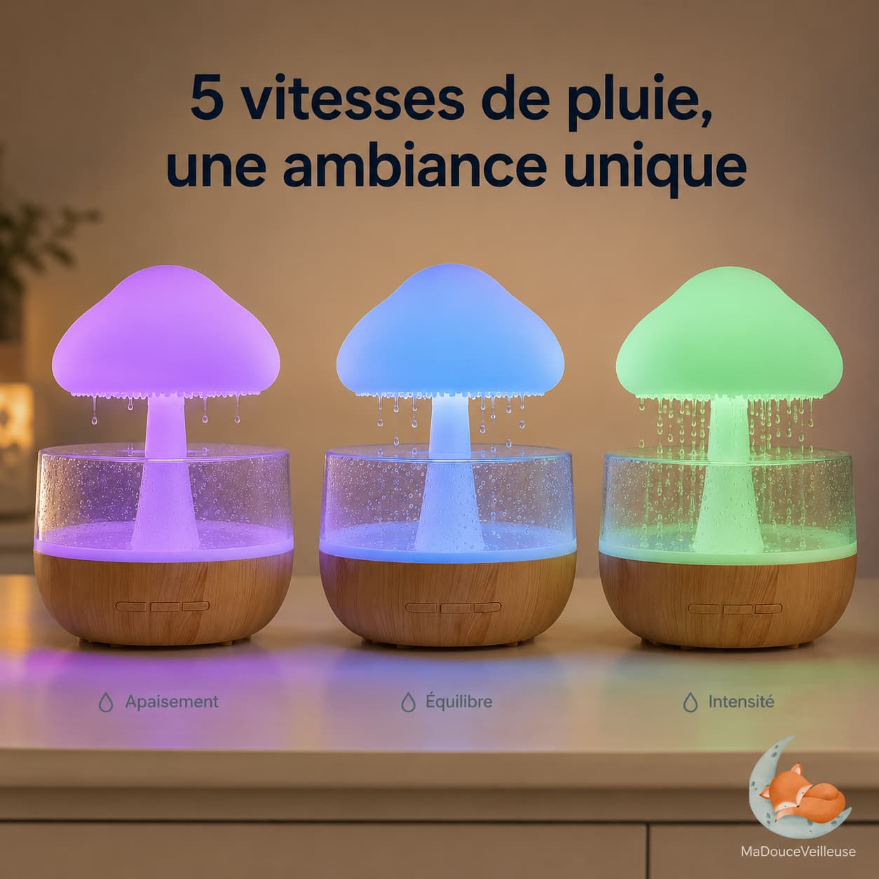Veilleuse bruit de pluie et diffuseur d'huiles essentielles