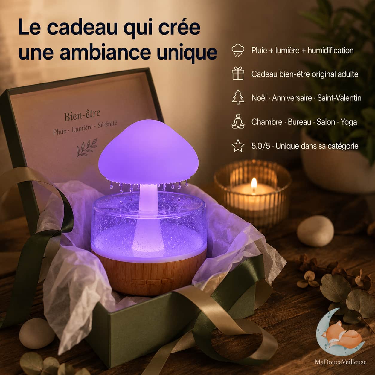 Veilleuse bruit de pluie et diffuseur d'huiles essentielles