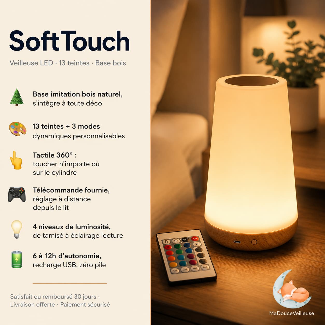 Veilleuse rechargeable tactile adulte et enfant télécommande