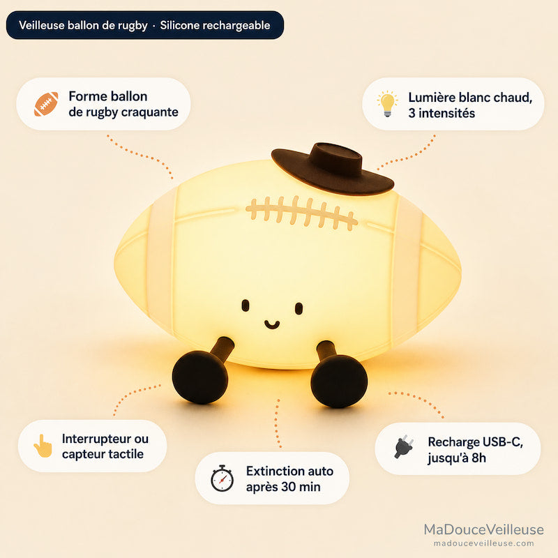 Veilleuse Balle de Rugby Tactile et Rechargeable