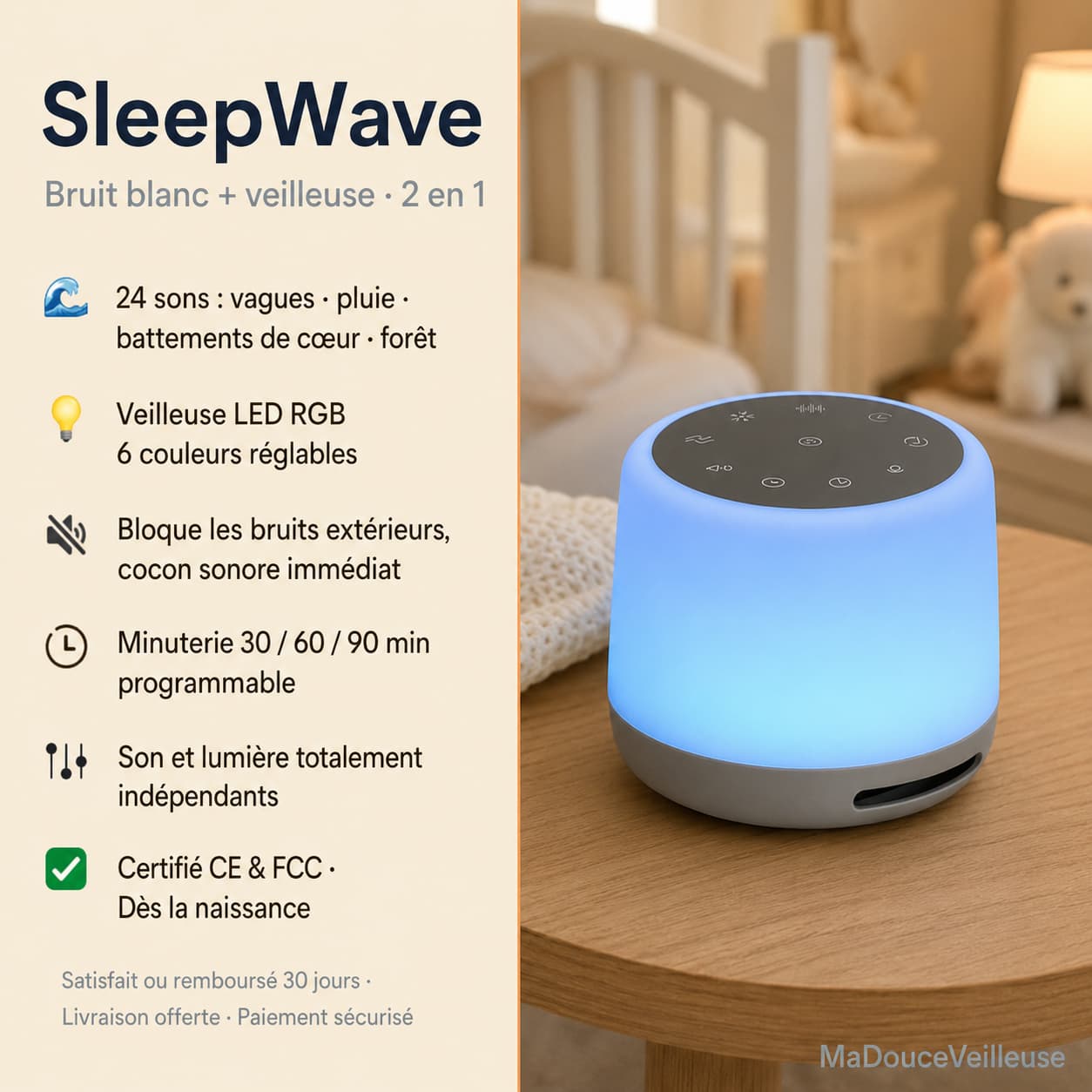 appareil a bruit blanc lampe veilleuse - 24 sons naturels - 5 niveaux intensite lumineuse