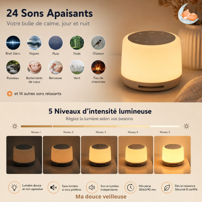 appareil a bruit blanc lampe veilleuse - 24 sons naturels - 5 niveaux intensite lumineuse