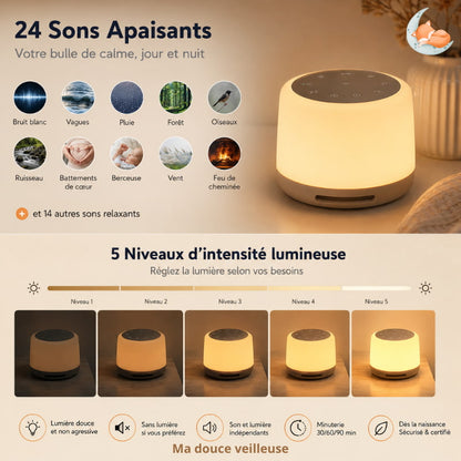appareil a bruit blanc lampe veilleuse - 24 sons naturels - 5 niveaux intensite lumineuse