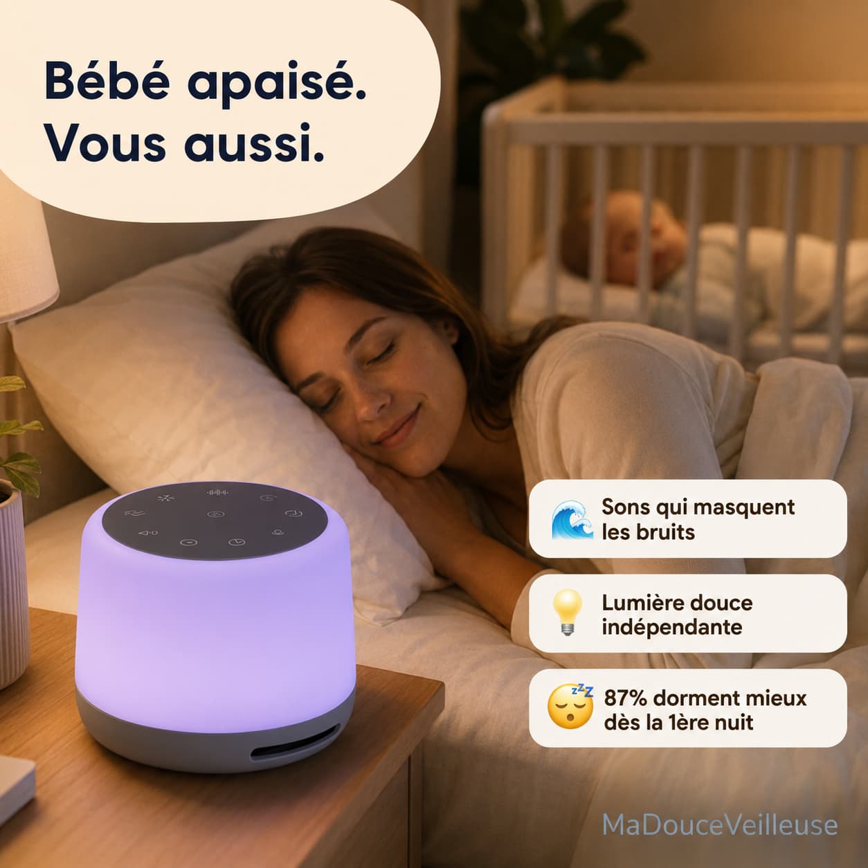 appareil a bruit blanc lampe veilleuse - 24 sons naturels - 5 niveaux intensite lumineuse