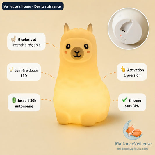 Veilleuse Lama en silicone souple sans BPA