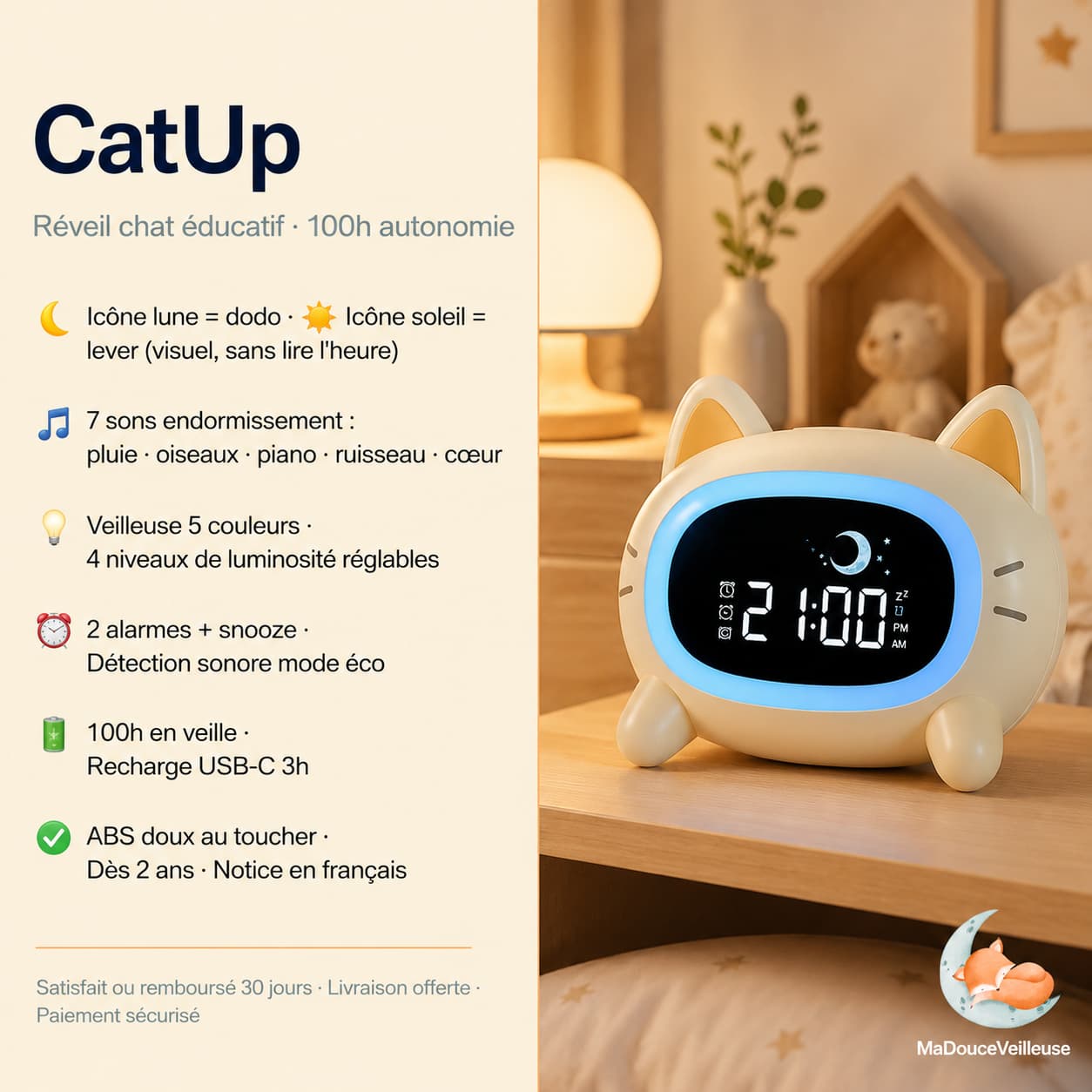 reveil chat enfant 7 sons de la nature pour endormissement calme et autonome