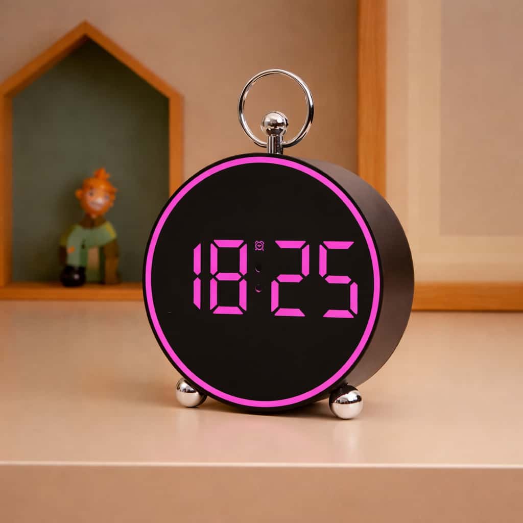 Reveil moderne LED sur bureau – design circulaire noir
