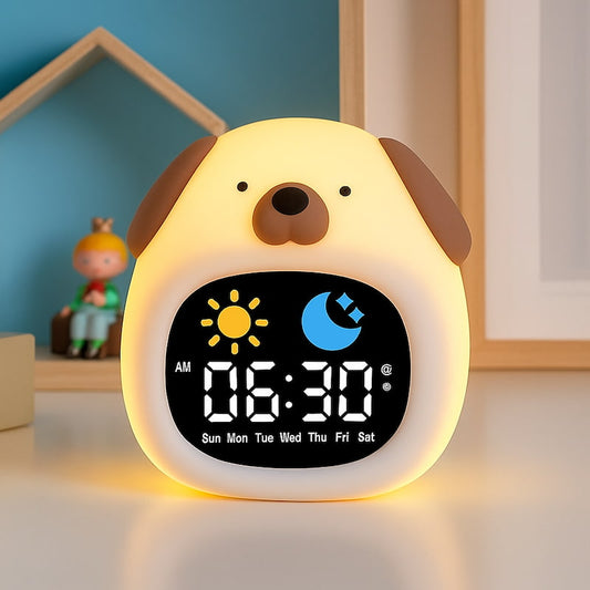 veilleuse réveil chien LED avec icône soleil