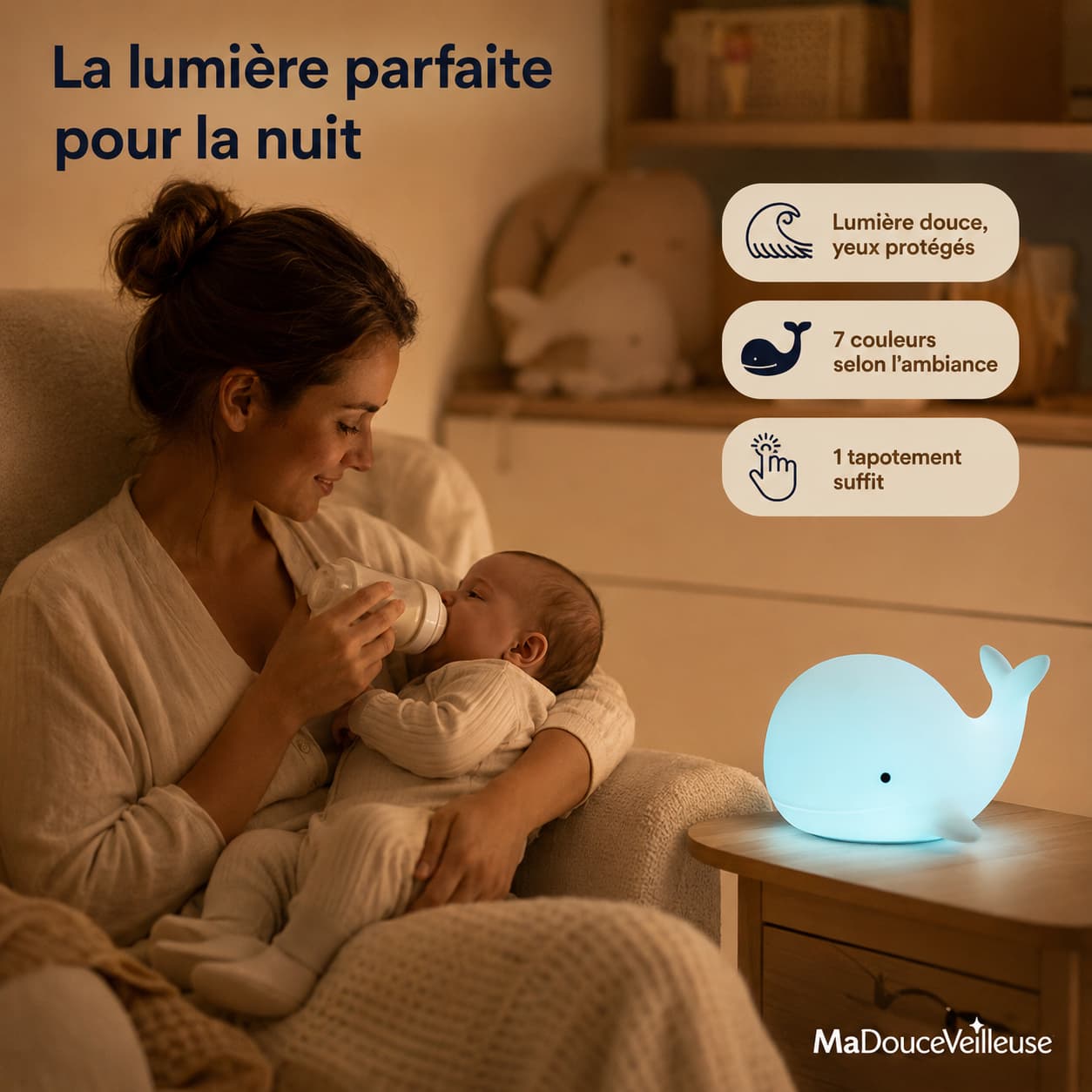 Veilleuse Baleine en silicone souple sans BPA pour bébé