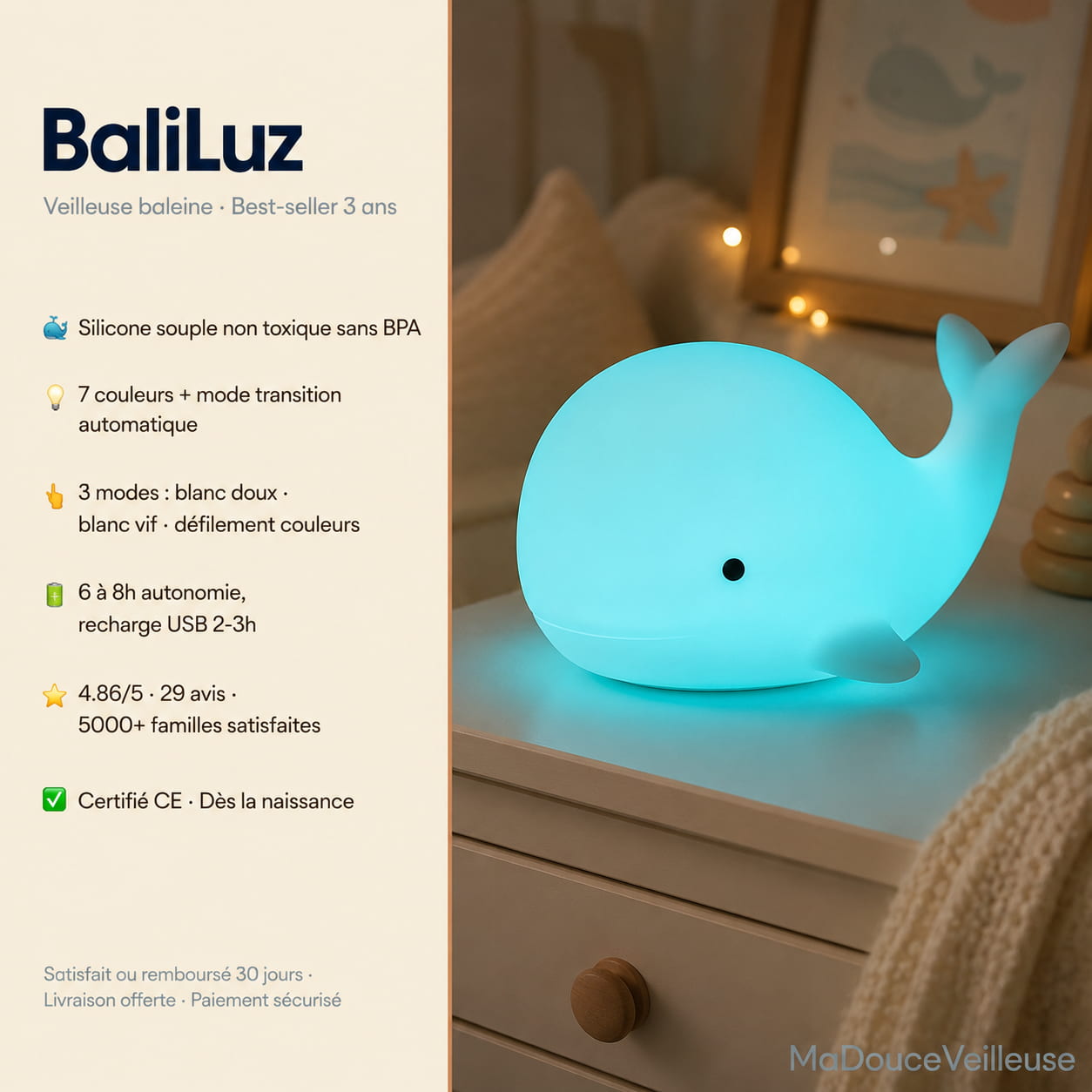 Veilleuse Baleine en silicone souple sans BPA