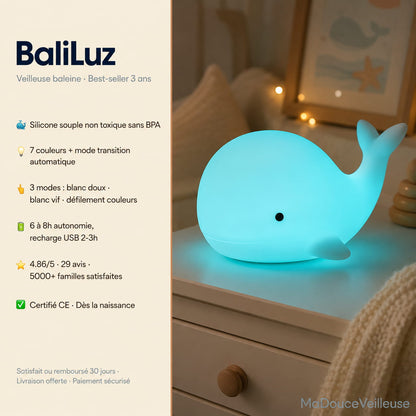 Veilleuse Baleine en silicone souple sans BPA