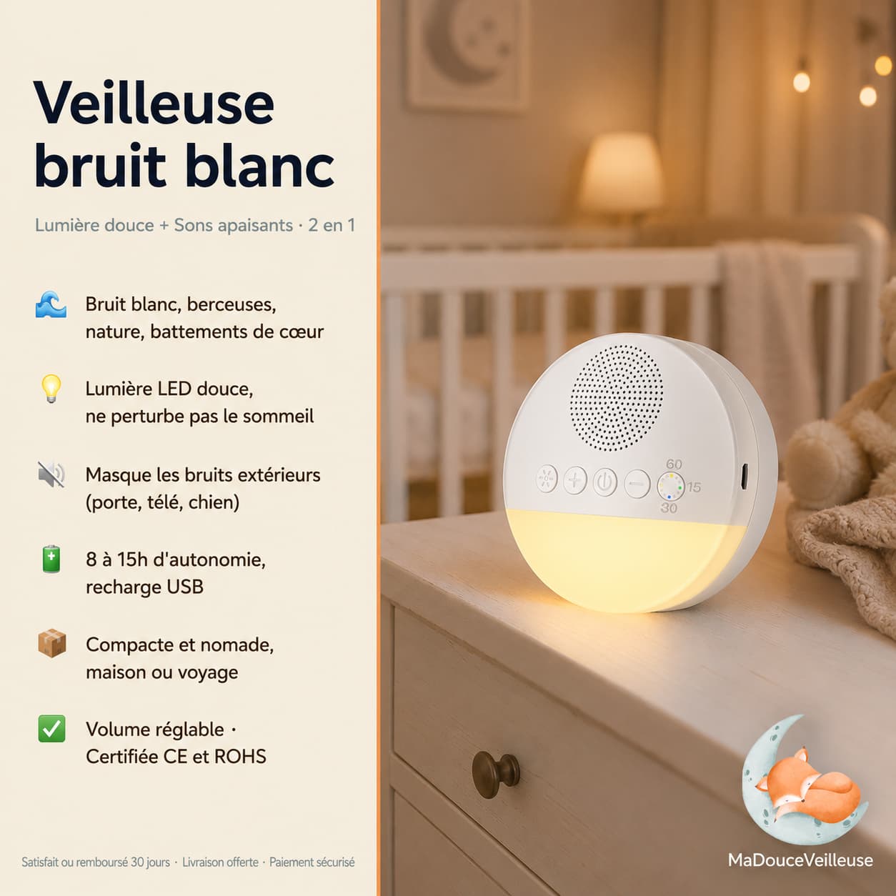 Veilleuse bébé bruit blanc cadeau naissance