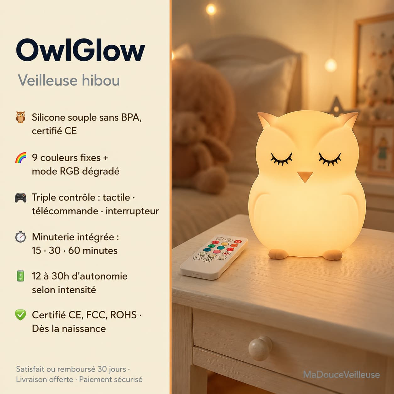 Veilleuse Hibou en silicone souple sans BPA