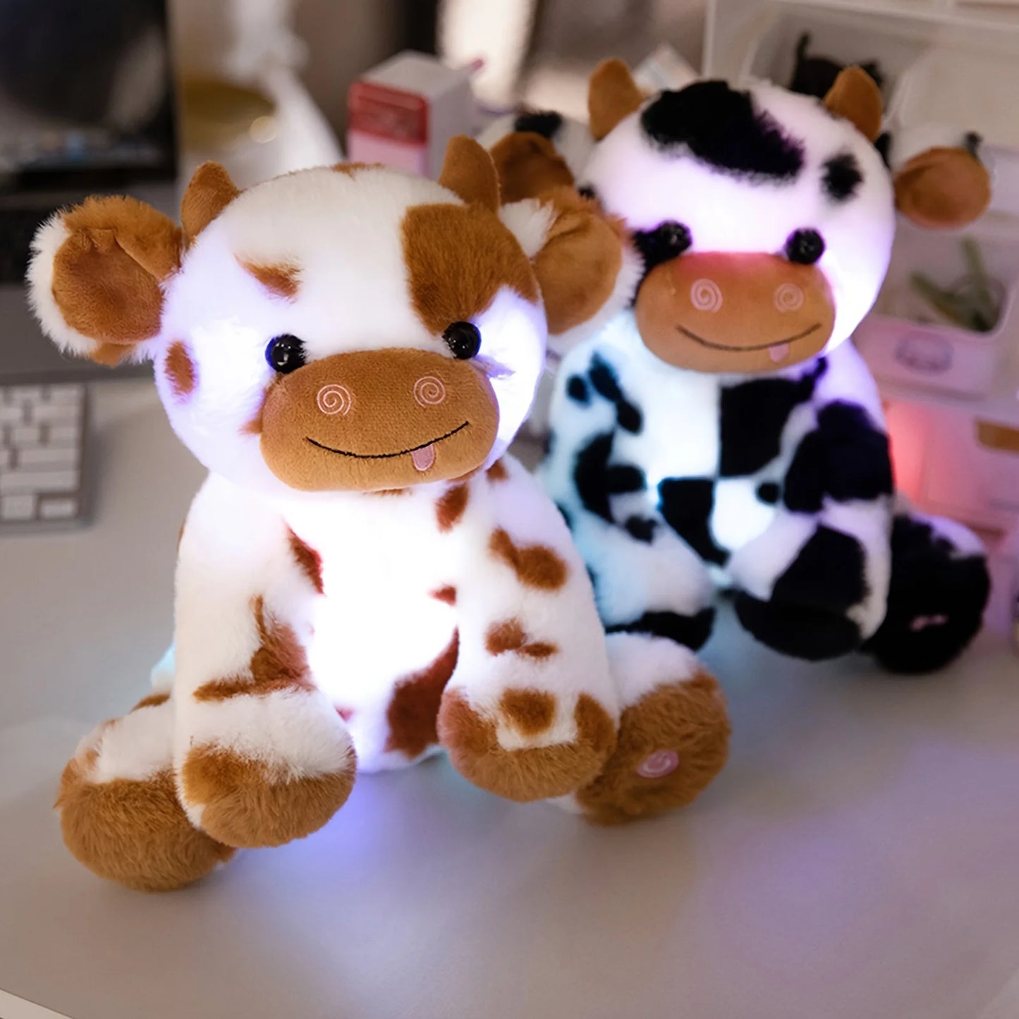 veilleuse peluche vache marron blanche lumineuse